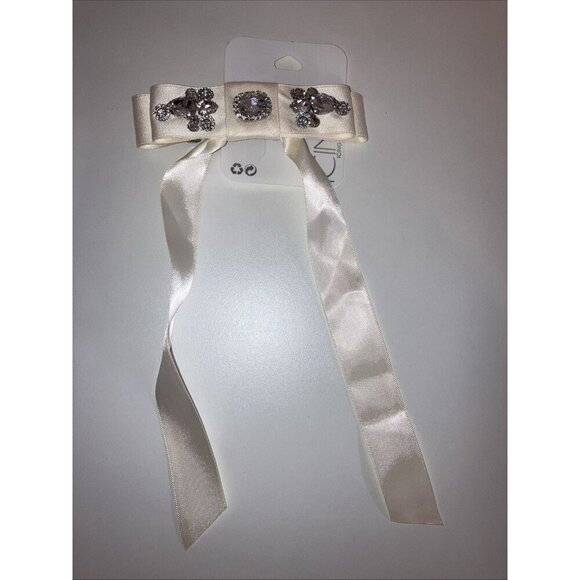 Icing 2 Piece Hair Ivory Rhinestone Studded Satin Long Tail Hair Bow Clip - Picture 4 of 4